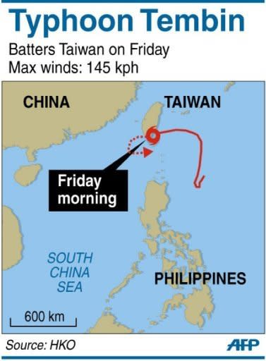 Map showing the path of Typhoon Tembin across the southern tip of Taiwan on Friday, where it toppled trees and ripped off rooftops