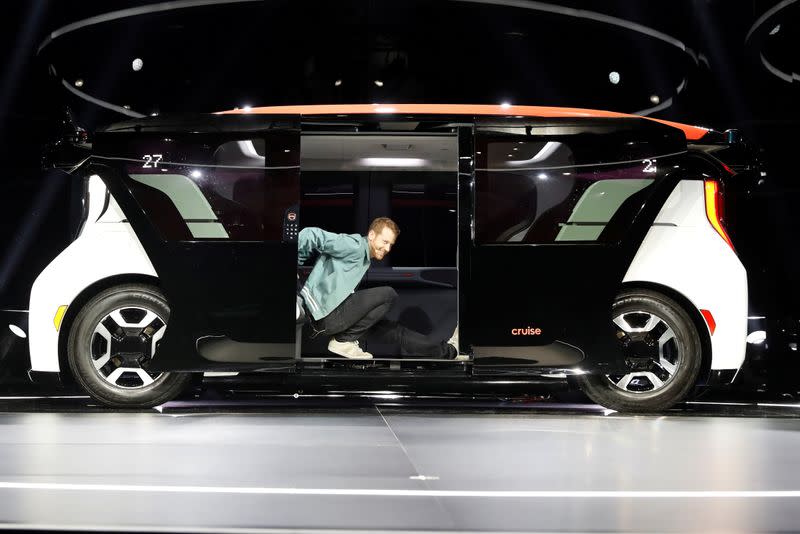 FILE PHOTO: Cruise CTO Kyle Vogt stretches inside a Cruise Origin autonomous vehicle during its unveiling in San Francisco