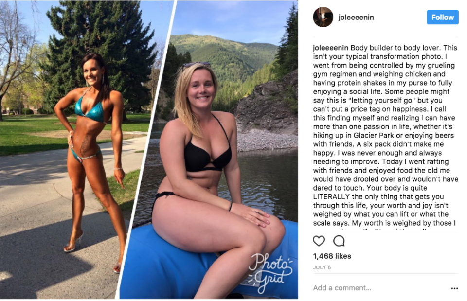 <p>Jolene Jones a profité de Facebook pour partager des photos de sa transformation, expliquant pourquoi elle était ravie de ses nouvelles formes. À gauche, la jeune fille de 26 ans porte un maillot de bain turquoise, et a des abdos bronzés et des cuisses musclées. À droite, elle est assise confortablement, vêtue d’un maillot de bain noir à l’occasion d’une journée de rafting entre amis.<br>“Certains diront qu’il s’agit de « laisser aller », mais le bonheur n’a pas de prix”, confie J. Jones en légende. Jolene ,qui a participé à une competition fitness il y a deux ans, confie qu’elle ne se prive plus pour boire lors de rencontres sociales et pour déguster des mets qu’elle n’aurait jamais osé manger avant.<br>“Je suis passée du stade où mes entraînements de gym me dictaient ma vie, où je pesais mes portions de poulet, et où j’avais des shakes protéinés dans mon sac, à un stade où je profite complètement de ma vie sociale”, a-t-elle confié.<br>“Mes abdos bien dessinés ne me rendaient pas heureuse. Je n’étais jamais satisfaite et je ressentais toujours le besoin d’aller plus loin”.<br>Jones ne se rend plus à la gym depuis trois mois, mais elle maintient tout de même un mode de vie sain. “Il est difficile d’apprendre à s’aimer, mais je ne me suis jamais sentie aussi bien dans ma peau. Depuis que j’ai arrêté la gym, mon poids n’a pas bougé du tout, car mon corps a probablement trouvé son équilibre.” </p>