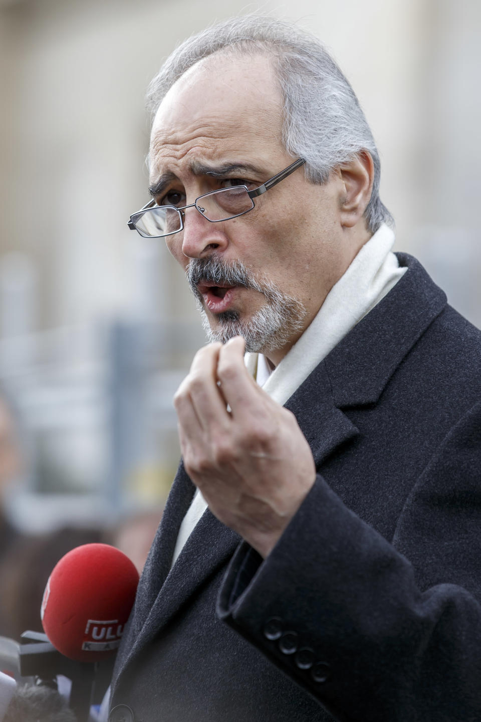 Syrian chief negotiator Bashar Jaafari, Ambassador of the Permanent Representative Mission of Syria to the UN in New York, speaks to the media during a ns conference after the second round of negotiations between the Syrian government and the opposition at the European headquarters of the United Nations, in Geneva, Switzerland, Saturday , Feb. 15, 2014. U.N.-Arab League mediator Lakhdar Brahimi ended direct talks between the Syrian government and opposition Saturday without finding a way of breaking the impasse in peace talks. Saturday's talks, which lasted less than half an hour, left the future of the negotiating process in doubt. (AP Photo/Keystone, Salvatore Di Nolfi)