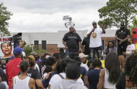 Philonise Floyd, the brother of George Floyd, talks to a crowd of supporters during a "Justice for Pamela Turner" rally on the two-year-anniversary of Turner's death, Thursday, May 13, 2021, in Baytown, Texas. Turner was fatally shot in 2019 by a police officer in the Houston suburb after a struggle over his stun gun. (Godofredo A. Vásquez/Houston Chronicle via AP)