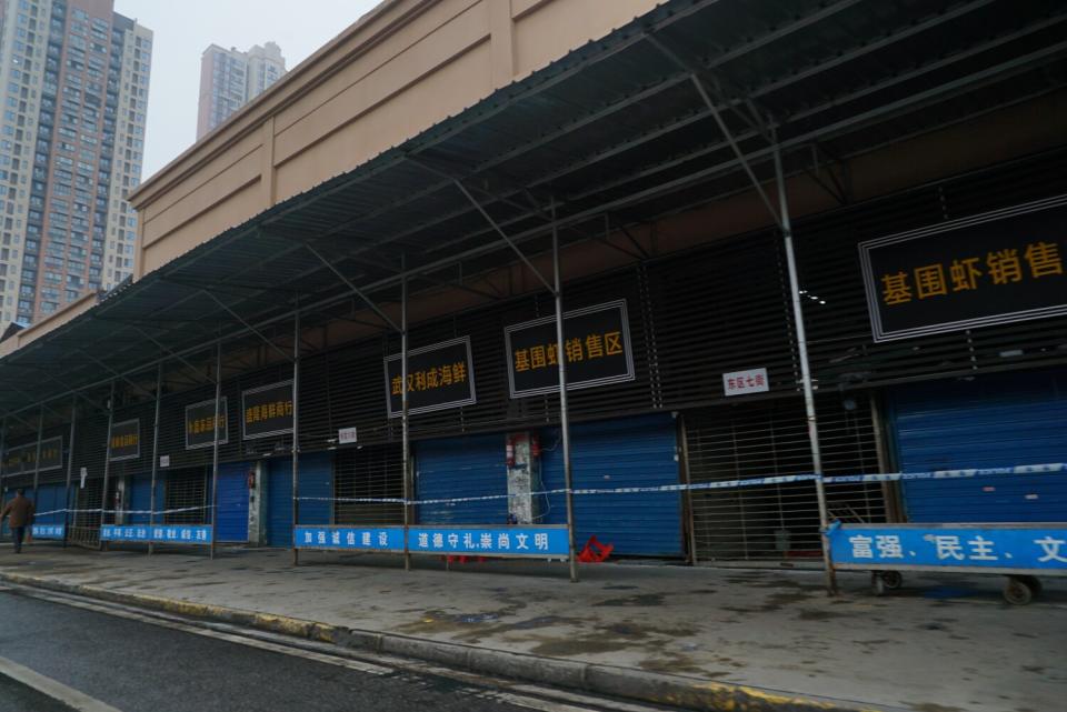 The Wuhan Huanan Wholesale Seafood Market sits closed in January 2020.