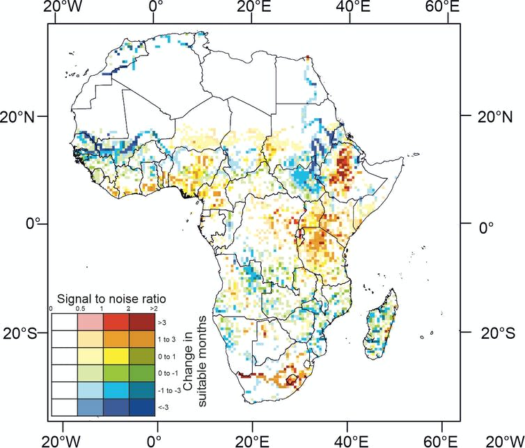 Map of Africa showing future malaria hydro-climatic suitability.