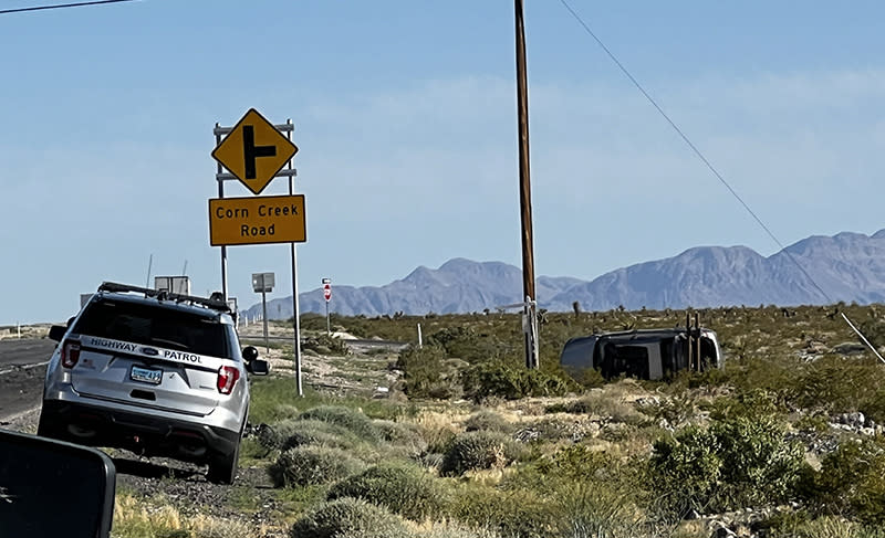 Police investigate a wrong-way, rollover crash on U.S. 95 near Lee Canyon Road on May 31, 2024. (KLAS)