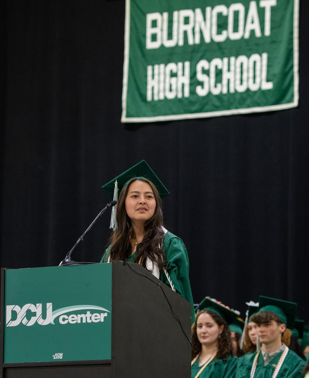 Class valedictorian Lauren Popinchalk speaks during the Burncoat High School Wednesday at the DCU Center.