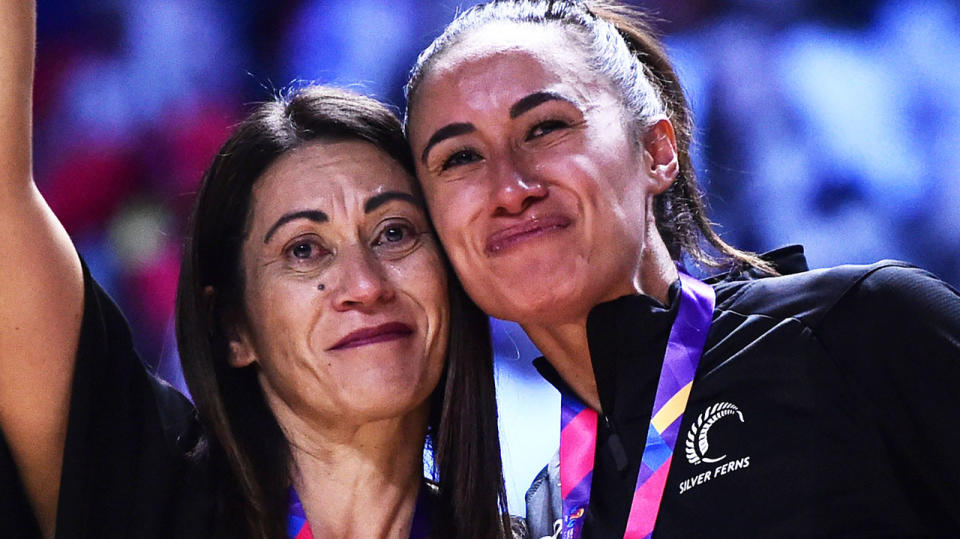 New Zealand netball coach Noeline Taurua, pictured with Maria Folau, says navigating the Israel Folau situation was a challenge for the Silver Ferns.