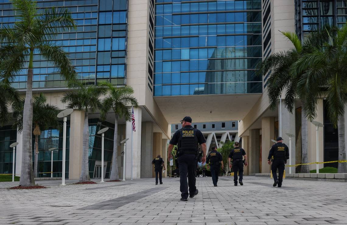 On Monday, June 12, 2023, Department of Homeland Security officers enter the Wilkie D. Ferguson Jr. U.S. Courthouse in downtown Miami in preparation of former President Donald Trump’s federal court appearance on Tuesday. Trump is facing a total of 37 counts in a federal indictment related to his handling of classified documents after he left office.