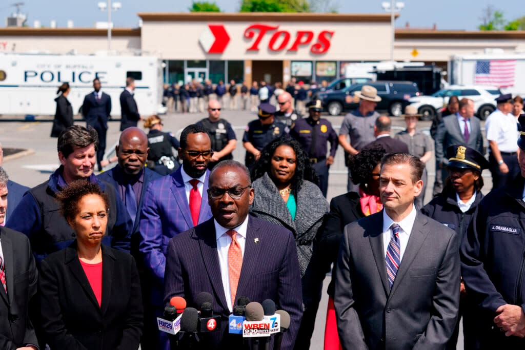 Buffalo Mayor Byron Brown speaks with members of the media at the scene of Saturday’s shooting at a supermarket, in Buffalo, Thursday, May 19, 2022. (AP Photo/Matt Rourke)