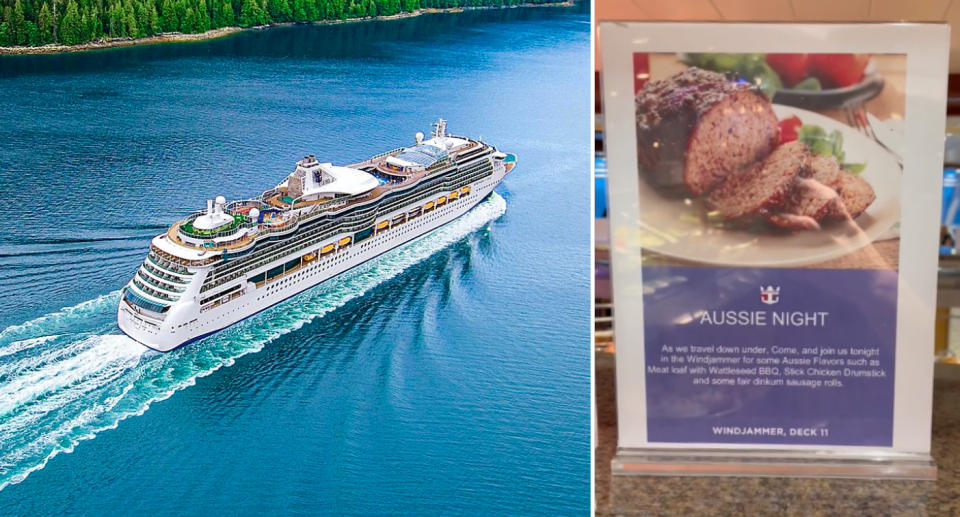 Left image of the Royal Caribbean's Ultimate World Tour ship, Serenade of the Seas. Right image of the 'Aussie Night' sign in the cruise deck.