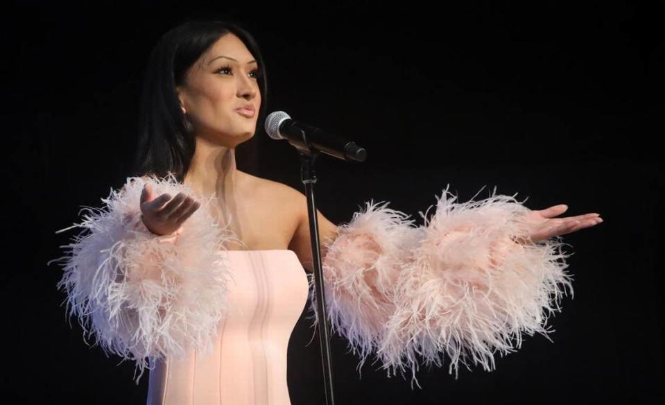 Miss San Francisco Monroe Lace performs the monologue ‘Phenomenal Woman’ during the Miss California Pageant held at the Visalia Convention Center on July 1, 2023.