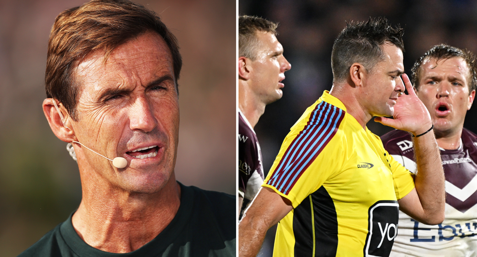 Pictured Andrew Johns left and Manly players furious at referee on right