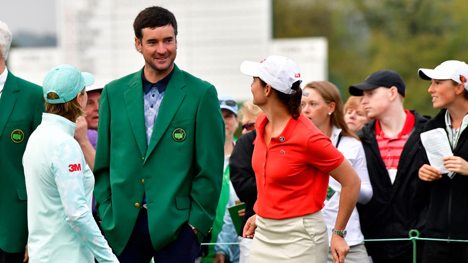 Bubba Watson speaks to Annika Sorenstam and Lorena Ochoa at the 2019 Augusta National Women's Amateur