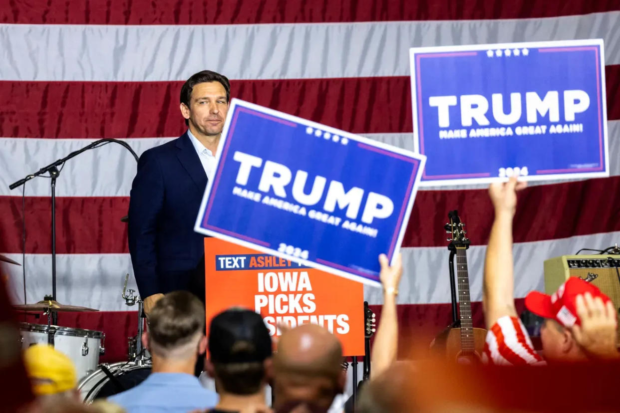 Gov. Ron DeSantis campaigns at a GOP fundraiser in Cedar Rapids, Iowa, in August 2023.