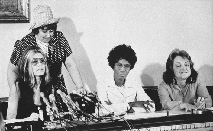 Gloria Steinem, Shirley Chisholm, Betty Friedan and Bella Abzug at a news conference in 1971.