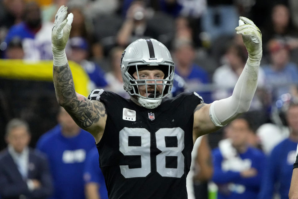 Las Vegas Raiders defensive end Maxx Crosby (98) reacts after a defensive stop against the New York Giants during the first half of an NFL football game, Sunday, Nov. 5, 2023, in Las Vegas. (AP Photo/Rick Scuteri)
