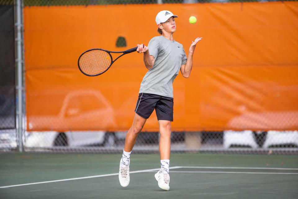 Penn's Evan Knapp during the regional tennis matches Tuesday, Oct. 5, 2021 at LaPorte High School. 
