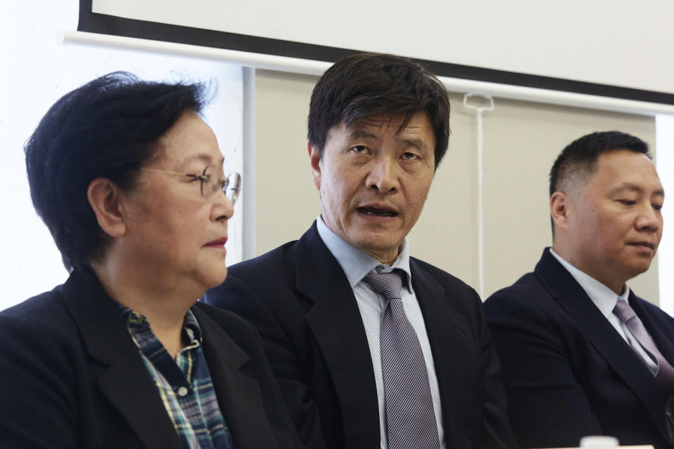 A member of the June 4 Massacre Memorial Association committee Zhou Fengsuo, center, speaks during a press conference at the June 4th Memorial Exhibit on Thursday, June 1, 2023, in New York. The exhibit will open Friday, June 2, 2023, in New York, ahead of the June 4 anniversary of the violence that ended China's 1989 Tiananmen protests. (AP Photo/Andres Kudacki)