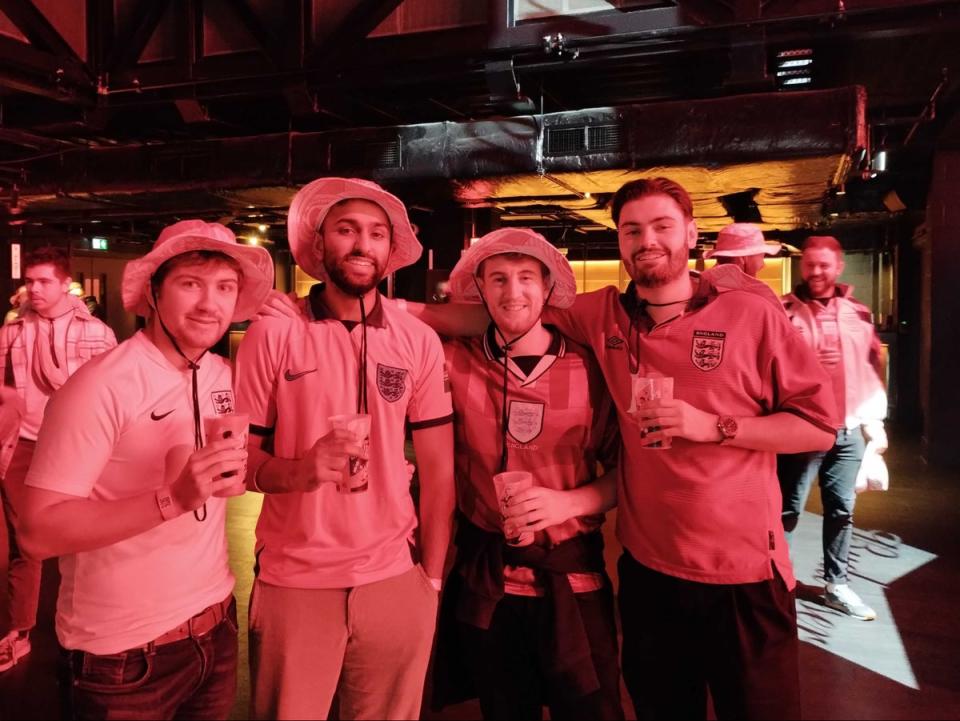 Hugh Lilburn, Monty Singh, Liam Colesby and Tom Davies all watched the first match together in central London (Zoe Tidman / The Independent)