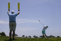 Brooks Koepka plays his shot from the second tee during a practice round of the U.S. Open Golf Championship, Tuesday, June 15, 2021, at Torrey Pines Golf Course in San Diego. (AP Photo/Jae C. Hong)