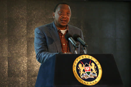 Kenyan President Uhuru Kenyatta addresses an audience during the second day of the Giant Club Summit of African leaders and others on tackling poaching of elephants and rhinos at the Fairmont Mount Kenya Safari Club in Nanyuki, Laikipia county, Kenya, Laikipia County, Kenya, April 29, 2016. REUTERS/Siegfried Modola