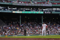 Boston Red Sox pitcher Naoyuki Uwasawa heads to the dugout after throwing in the eighth inning of a baseball game against the San Francisco Giants at Fenway Park, Thursday, May 2, 2024, in Boston. (AP Photo/Charles Krupa)