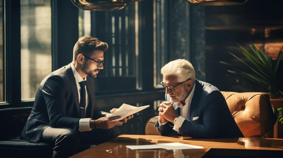 A financial advisor and their client discussing the merits of wealth management services.