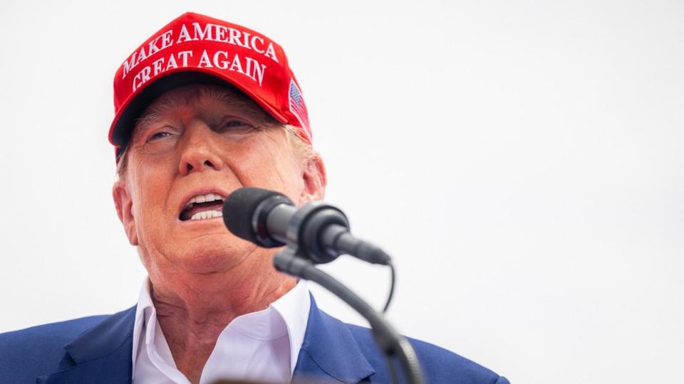 PHOTO: Republican presidential candidate, former U.S. President Donald Trump speaks during his campaign rally at Sunset Park on June 09, 2024 in Las Vegas, Nevada. (Brandon Bell/Getty Images)