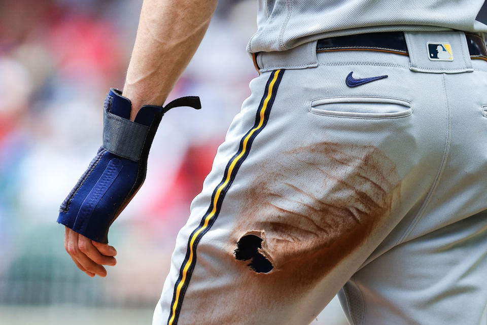 Torn hole in pants of MLB uniform (Kevin C. Cox / Getty Images file)