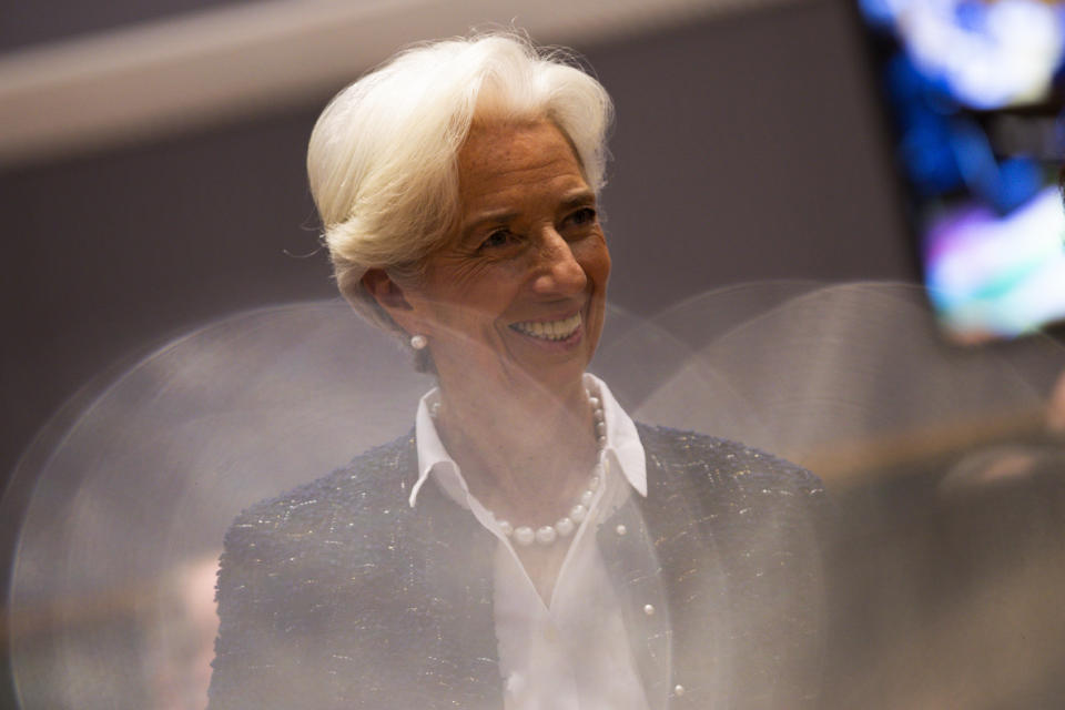 New President of European Central Bank Christine Lagarde arrives to a Finance Ministers Eurogroup meeting at the European Council headquarters in Brussels, Friday, Nov. 8, 2019. (AP Photo/Francisco Seco)