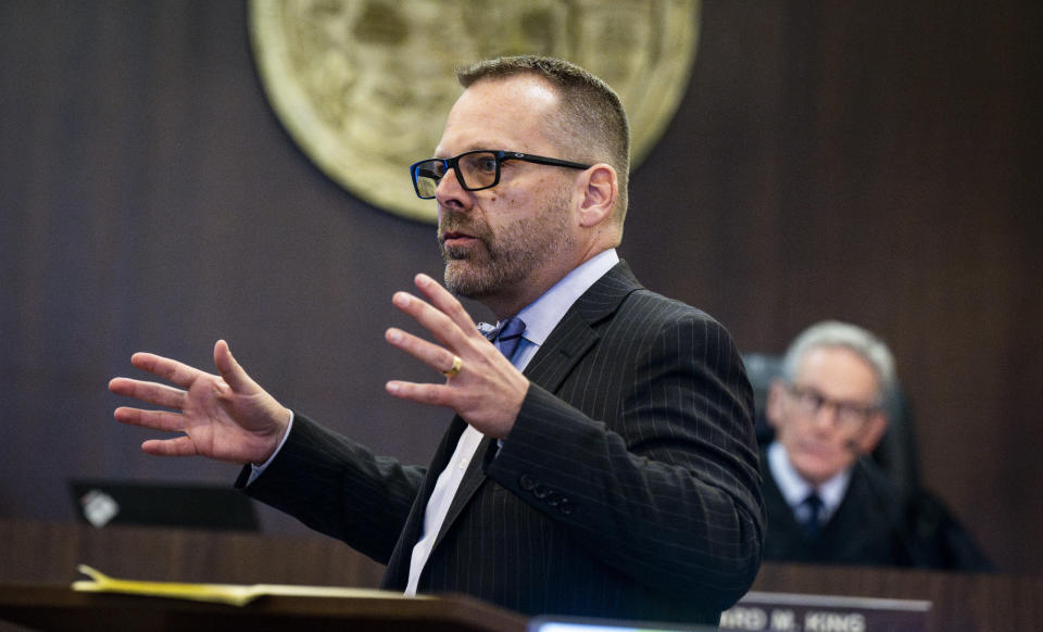 Defense attorney Randall Bethune gives his opening statement in Marcus Eriz's trial, Thursday, Jan. 18, 2024, in Santa Ana, Calif. Eriz, 26, is charged with killing Aiden Leos, 6, while the boy's mother was driving him to kindergarten in Orange County in May 2021. (Paul Bersebach/The Orange County Register via AP)