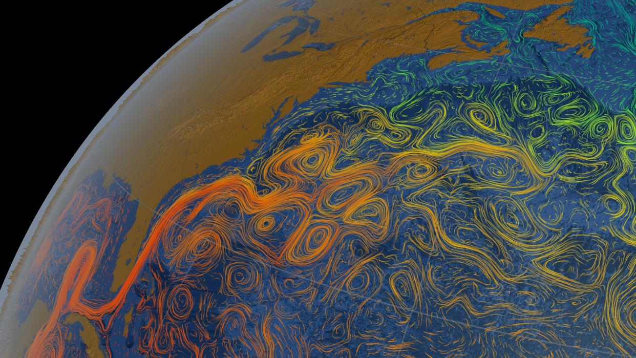  An illustration showing a visualization of the gulf stream and how heat flows.  