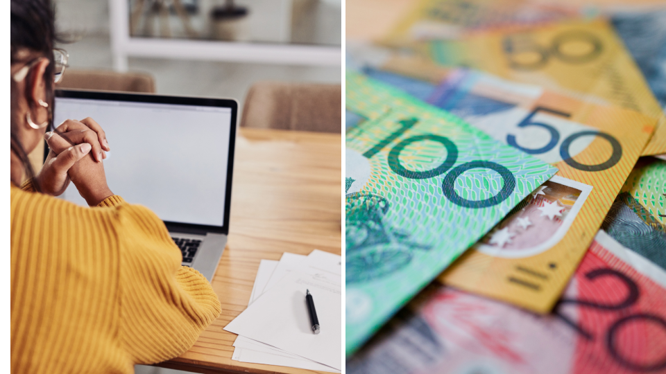 A woman clutches her hands looking at a laptop and a pile of Australian money