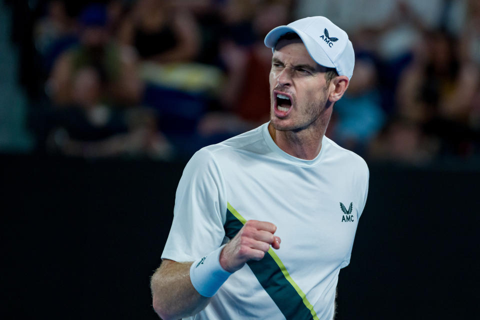 MELBOURNE, AUSTRALIA - JANUARY 17: Andy Murray of Great Britain celebrates winning a point in their round one singles match against Matteo Berrettini of Italy during day two of the 2023 Australian Open at Melbourne Park on January 17, 2023 in Melbourne, Australia. (Photo by Andy Cheung/Getty Images)