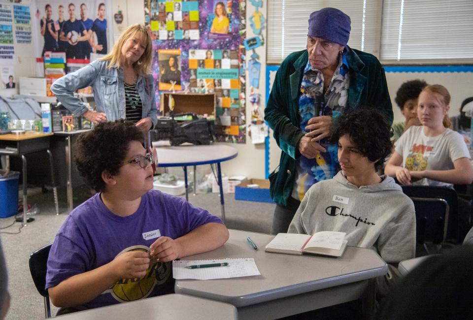 Student Zander Hamilton, left, talks with Stevie Van Zandt, guitarist for Bruce Springsteen's E Street Band at John McCandless STEM Charter School in Stockton on Mar. 29, 2024. Van Zandt launched the TeachRock education program, which the school employs, that combines music with the teaching of other subjects.