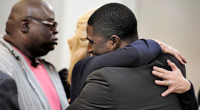 Corey Batey gets a hug from a friend after the jury left the room during his trial. Photo: AP