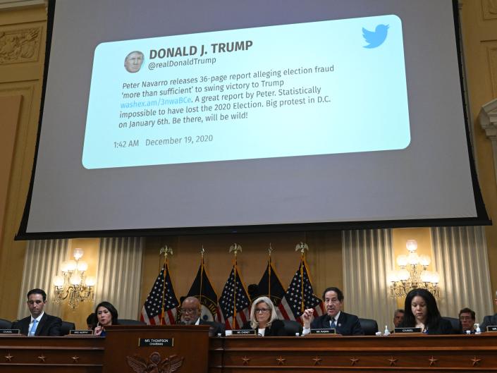 Trump tweet displayed on screen behind January 6 committee