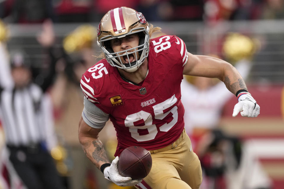 San Francisco 49ers tight end George Kittle (85) celebrates after scoring against the Seattle Seahawks during the second half of an NFL football game in Santa Clara, Calif., Sunday, Dec. 10, 2023. (AP Photo/Godofredo A. Vásquez)