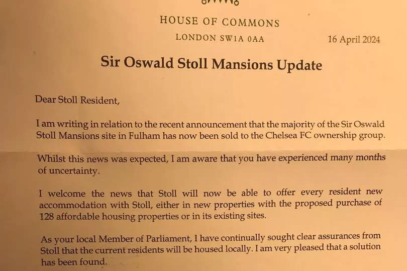 The letter sent to Sir Oswald Stoll Mansions veterans from Greg Hands MP