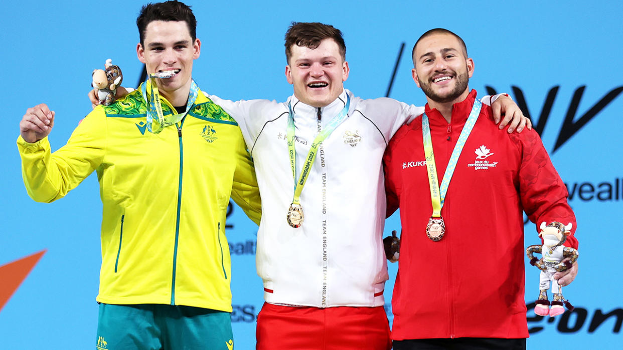 Kyle Bruce, Christopher Murray and Nicolas Vachon, pictured here with their medals after the men's 81kg final at the Commonwealth Games.