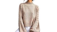 Choies Mock Turtleneck Lantern-Sleeve Cable-Knit Pullover Sweater