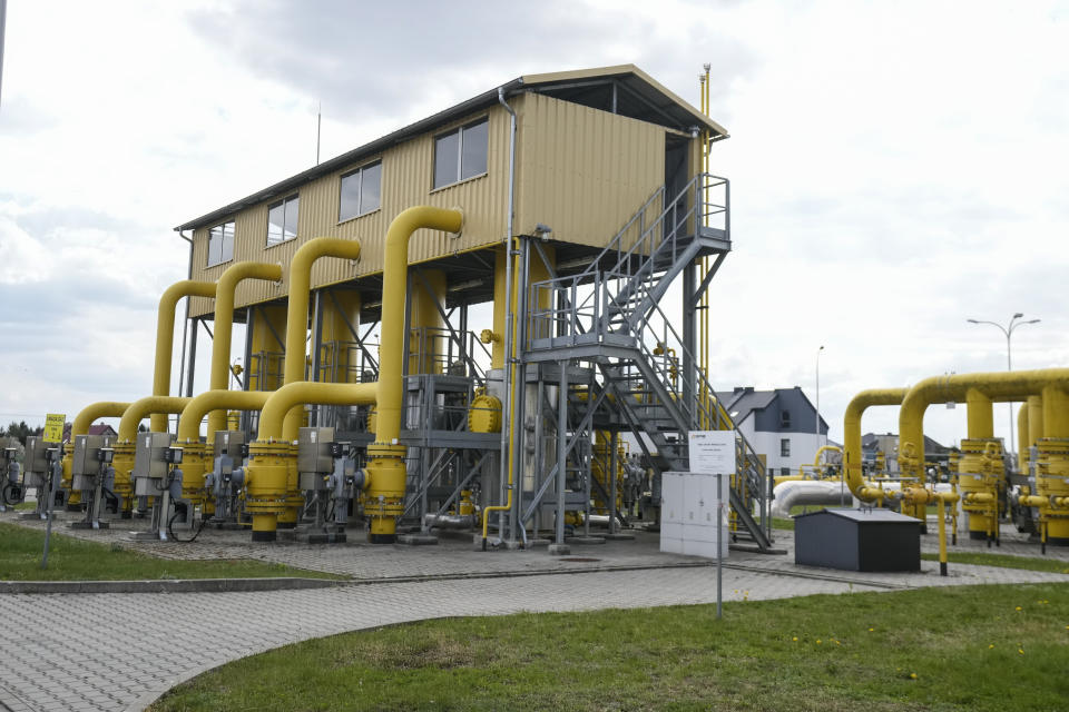 A view of the Gaz-System's gas station in Rembelszczyzna, near Warsaw, Poland, Wednesday, April 27, 2022. Polish and Bulgarian leaders accused Moscow of using natural gas to blackmail their countries after Russia's state-controlled energy company stopped supplying the two European nations Wednesday. (AP Photo/Czarek Sokolowski)