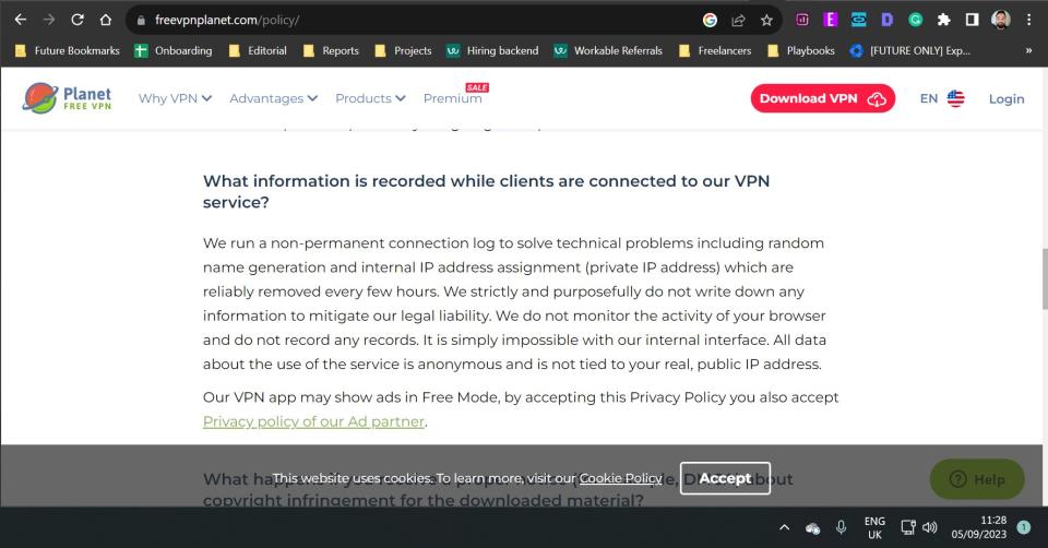 Screenshot of Free VPN Planet Privacy Policy as of 05 September, 2023