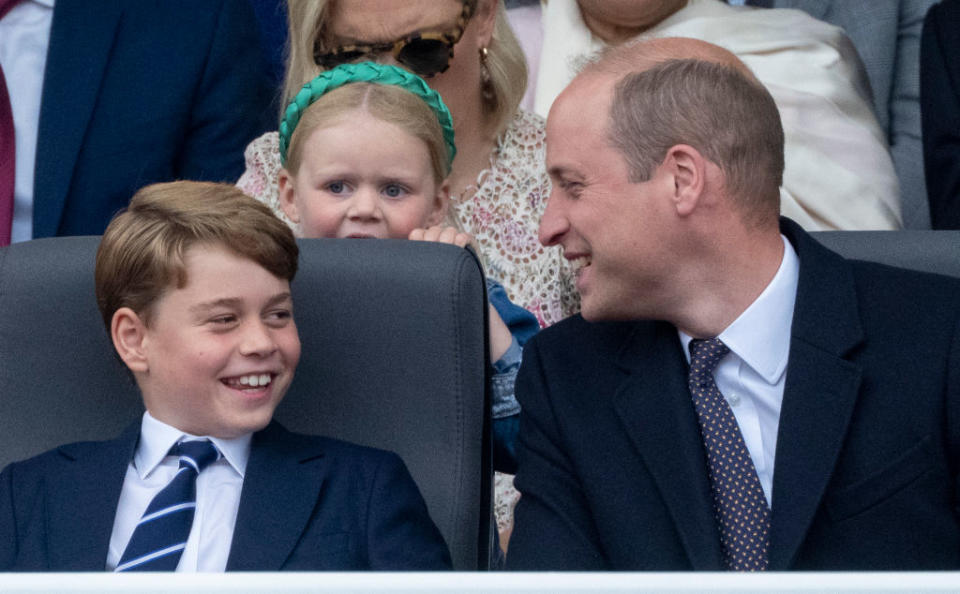 Prince William was seen guiding Prince George over the weekend, pictured attending the Platinum Pageant on The Mall. (Photo by Mark Cuthbert/UK Press via Getty Images)