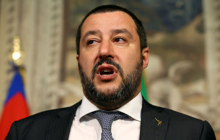 FILE PHOTO: League party leader Matteo Salvini speaks to the media during the second day of consultations with Italian President Sergio Mattarella at the Quirinal Palace in Rome, Italy, April 5, 2018. REUTERS/Alessandro Bianchi/File Photo