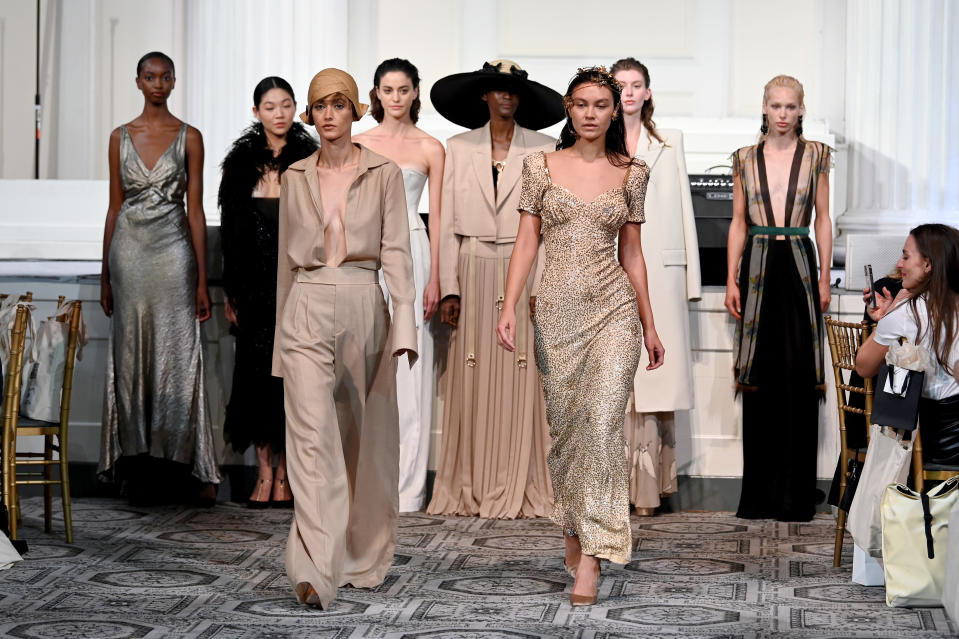 Models walk the finale during the fashion runway show highlighting "Ten Decades of Fashion 1920-2020," curated by New York Vintage founder Shannon Hoey and designer Bonnie Young of BY.Bonnie Young