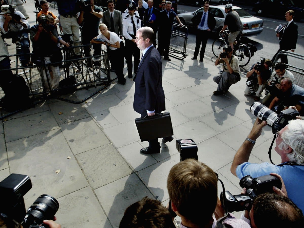 Andrew Gilligan arrives at the High Court to give evidences at the Hutton inquiry in August 2003 (Getty)