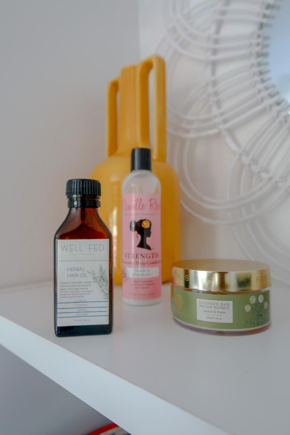 “My go-tos: a pre-shampoo mask, a nutrient dense deep conditioner, and herbal hair oil.”