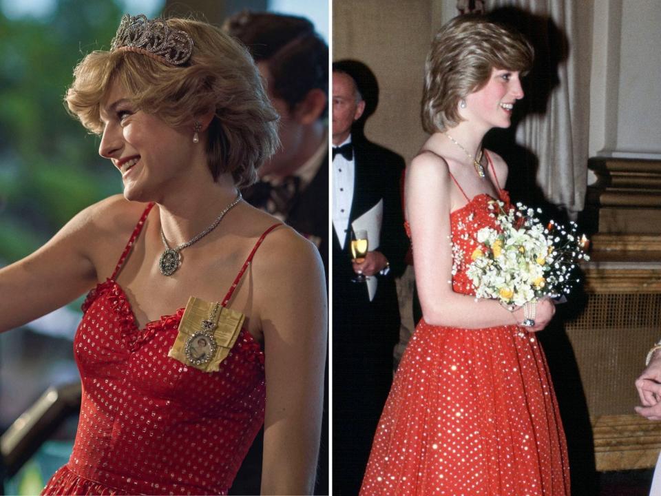 princess diana the crown real life outfits compared to emma corrin