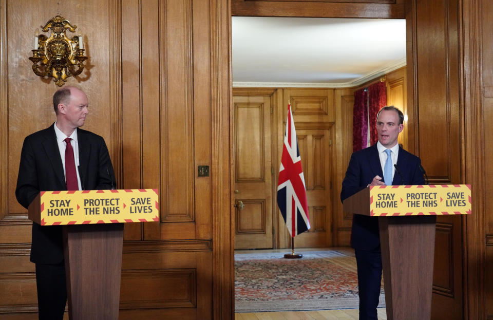 Foreign secretary Dominic Raab (right) said during Monday's coronavirus press briefing he last spoke to the prime minister on Saturday. (PA)