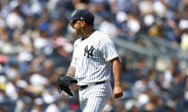 New York Yankees pitcher Nestor Cortes (65) reacts on his way to the dugout during the seventh inning inning of a baseball game against the Tampa Bay Rays, Saturday, April 20, 2024 in New York. (AP Photo/Noah K. Murray)
